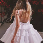 High Waisted Loose Backless Layered Pleated Solid Color Tied Spaghetti-Neck Mini Dresses