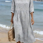 Women's Casual  Round Neck Mid Sleeve Print Cotton and Linen Dress