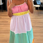 Multicolor Colorblock Self Tie Straps High Waist Flowy Maxi Dress with Pockets