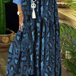 Ursime Vintage Leopard Denim Patchwork Raw Trim Maxi Dress