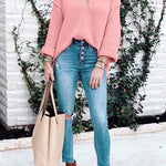 Buttons V Neck Side Split Waffle Knit Sweater