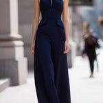 Navy Halter Neck Tailored Wide-Leg Jumpsuit