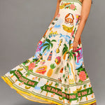 A-Line High Waisted Contrast Color Pleated Printed Split-Joint Spaghetti-Neck Midi Dresses