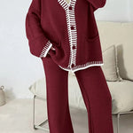 Fashion Casual Knitted Long Sleeve Pocket Cardigan and Elastic Waist Loose Wide Leg Pants Set