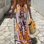 A-Line High Waisted Contrast Color Pleated Printed Split-Joint Spaghetti-Neck Midi Dresses