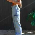 Washed denim multi-pocket non-stretch overalls
