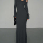 Long Sleeves Skinny Hollow Solid Color Cold Shoulder Maxi Dresses