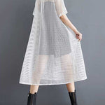 Half Sleeves Loose Hollow Solid Color Split-Joint Zipper Lapel Midi Dresses Shirt Dress