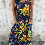 Botanical Print V-Neck Pocket Loose Casual Maxi Dress