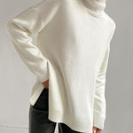 Turtleneck Loose Hem Slit Long Sleeve Knitted Pullover Sweater Tops