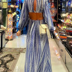 Geometric Print Cut Out Elastic Waist Backless Maxi Dress
