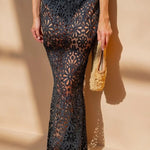 Balmy Summers Crochet Lace Floral Pattern Elastic Waist Fishtail Vacation Maxi Skirt