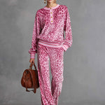 Casual Sporty Retro Pink Velvet Leopard Print Sweatshirt And Wide-Leg Pants Set