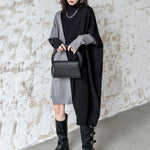 Batwing Sleeves Hipster Asymmetric Contrast Color Split-Joint High-Neck Midi Dresses Sweater Dresses