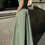 High Waisted Loose Pockets Solid Color Zipper V-Neck Jumpsuits
