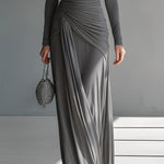 Women's Grey Silky Stretch Sophisticated Ruched Detail Cut-Out Maxi Dress