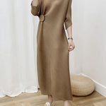 Half Sleeves Irregular Clipping Pleated Solid Color Round-Neck Midi Dresses