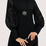 Round neck lace lantern sleeve midi dress