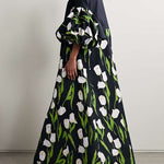 Long Sleeves Loose Floral Floral Printed Pleated Split-Joint Stand Collar Trench Coats