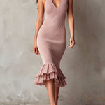 Quiet Luxury Dusty Rose Halter Knit Dress With Keyhole & Ruffled Hem