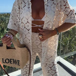 Holiday Crochet Flowers Lace Short Sleeve Shirt and Elastic Waist Wide Leg Pants Set