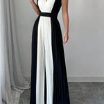 High Waisted Loose Contrast Color Pleated V-Neck Jumpsuits