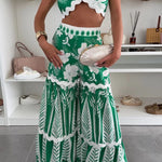 Cassie Ric Rac Trims Unique Print Halter Ring Tank and High Rise Wide Leg Pants Set