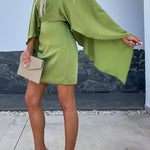 Beautiful Wings Satin Butterfly Sleeves Elastic Waist Formal Mini Dress