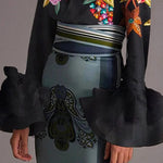 Flared Sleeves Long Sleeves Buttoned Contrast Color Flower Print Lapel Blouses&Shirts Tops