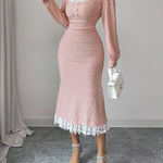 Bodycon High Waisted Lacy Pleated Solid Color Split-Joint Zipper Square-Neck Midi Dresses