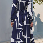 A-Line High Waisted Elasticity Printed Split-Joint Round-Neck Midi Dresses