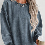 Solid Ribbed Round Neck Pullover Sweatshirt
