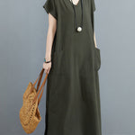 Simple Ramie Cotton Solid Color Split-Side With Pocket V-Neck Short Sleeves Maxi Dress