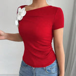 Short Sleeves Skinny Pleated Solid Color Three-Dimensional Flower Asymmetric Collar T-Shirts Tops