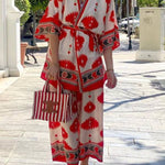 Pop of Red Ethnic Print Belted Kimono and Elastic Waist Pocket Cropped Pants Set