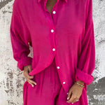 Solid Color Casual Lapel Long Shirt and Elastic Waist Loose Pocket Shorts Set