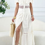 Nirvana off-shoulder ruffled cutout dress