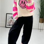 Positivity and Warmth Knit Happy Face Contrast Color Loose Sweater