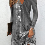 Long Sleeves Loose Floral Printed V-neck Maxi Dresses Mini Dresses