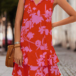 A-Line High Waisted Falbala Printed Split-Joint Tied Tiered V-Neck Mini Dresses