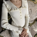 Long Sleeves Pleated Ruffled Split-Joint Peter Pan Collar Midi Dresses Sweater Dresses