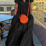 Loose Short Sleeves Pleated Pockets Solid Color Split-Joint V-Neck Maxi Dresses