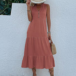 Loose Sleeveless Pleated Split-Joint V-Neck Midi Dresses