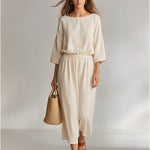 Women's Ivory Cotton Set With Boat Neck & Elastic Waist, Timeless Minimalist-Casual Style Set MDZ2062A3I