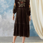V Neck Tassel Front Spliced Velvet Midi Dress