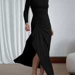 Bodycon High Waisted Asymmetric Pleated Ruffled Solid Color Split-Joint Round-Neck Maxi Dresses
