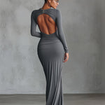 Women's Grey Elegant Stretch - Polyester-Cotton Blend Ruched Open - Back Maxi Dress