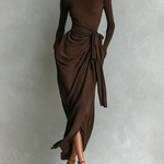 Women's Elegant Dark Brown Stretch Knit Turtleneck Long-sleeved Slim-fit Maxi Dress