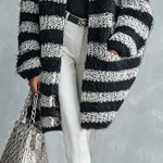 Women's Loose Mohair Black And White Striped Mid-length Cardigan