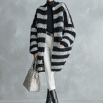 Women's Loose Mohair Black And White Striped Mid-length Cardigan